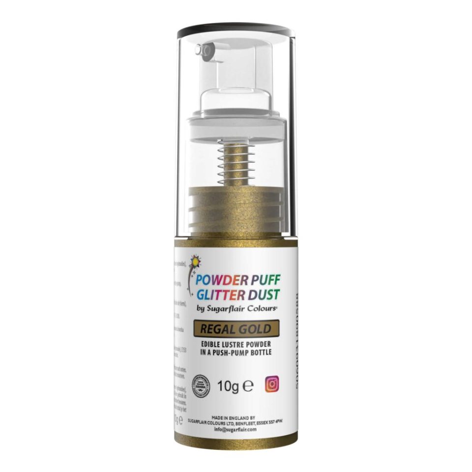 Sugarflair Pump Spray Powder Puff Glitter Dust Regal Gold 10 g