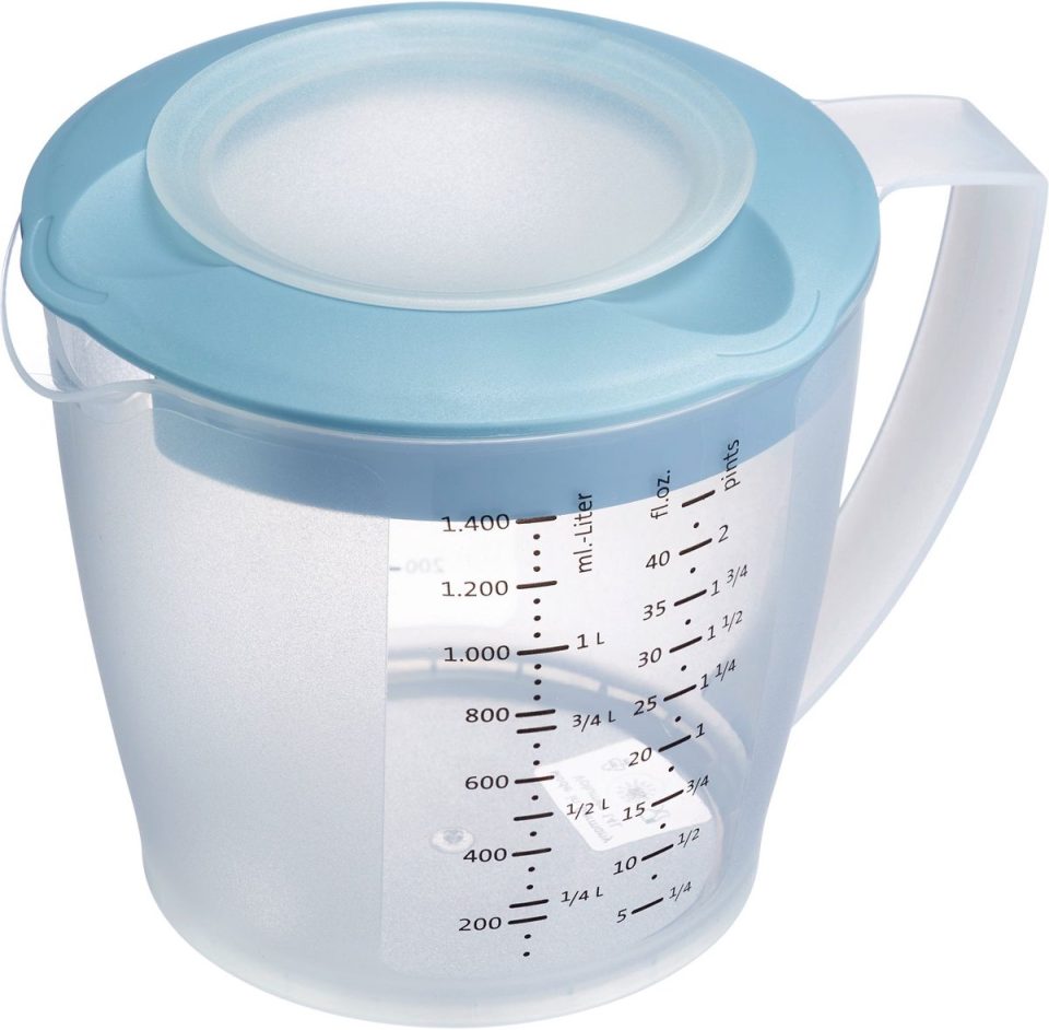 Westmark beslagkom /maatbeker met spatbescherming deksel en tuit blauw 1,4 l