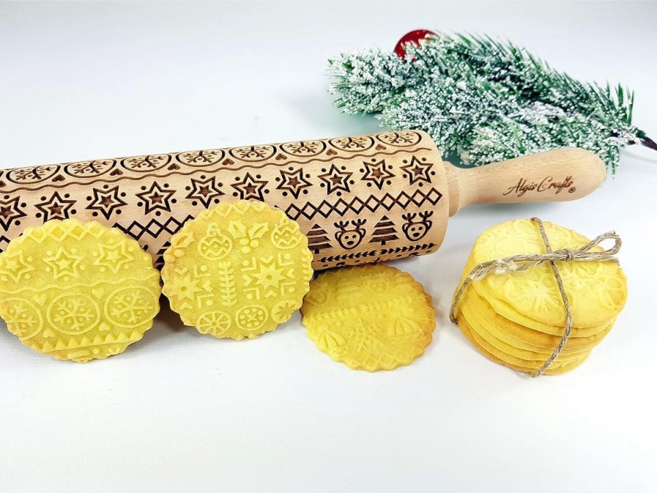 Algis Crafts deegroller Gegraveerde voor kerst bakken. deegroller