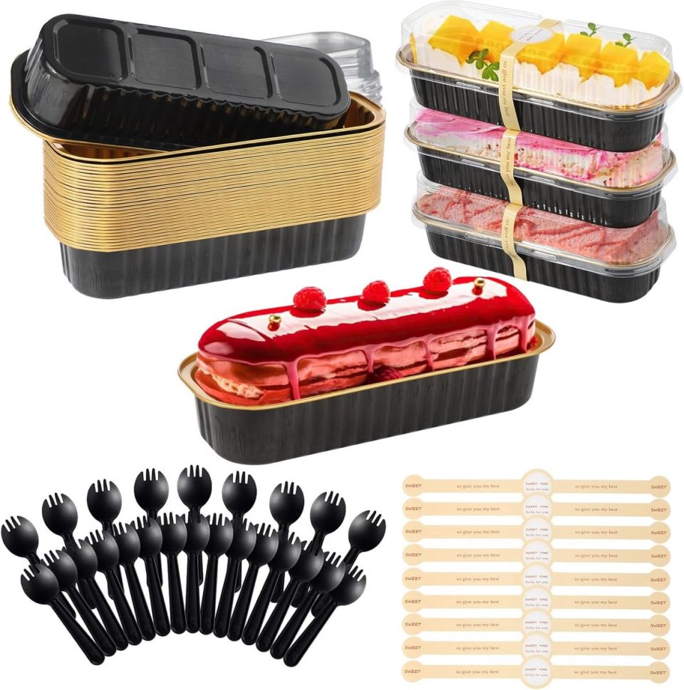 Famanu cupcakevormpjes 30 Kleine Brood en Taartvormpjes Met Deksels en Lepels Rechthoekige Bakvormpjes Van Aluminiumfolie Herbruikbare Broodvormpjes Voor Taart Bruiloft Verjaardag Zwart 200 ml