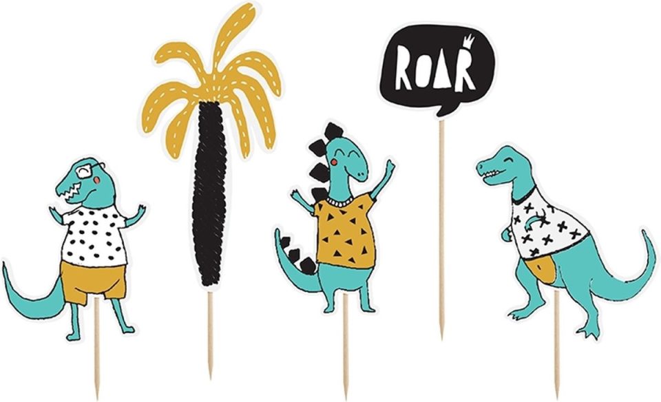 PartyDeco 5 kartonnen blauwe dinosaurus cake toppers Decoratie > Taartdecoratie