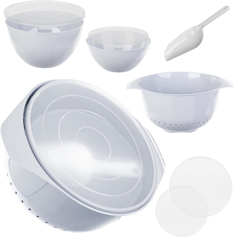 Kadax kunststof komset mengkommen met deksels &, schep & keukenzeef stapelbare keukenaccessoires voor bakken, koken, afwassen & bewaren (grijs) 1,5 l 3 l 3,5 l