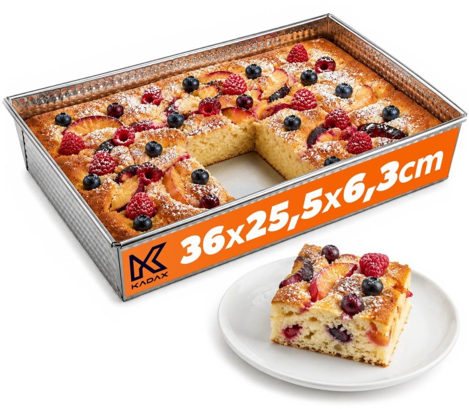 Kadax bakplaat Rechthoekige bakvorm, in 3 maten, hoge plaatranden voor cake, toastbrood, cheesecake, brownie, onderhoudsvriendelijke bakvorm, warmteverdeling (36 x, zilver) 25,5 cm