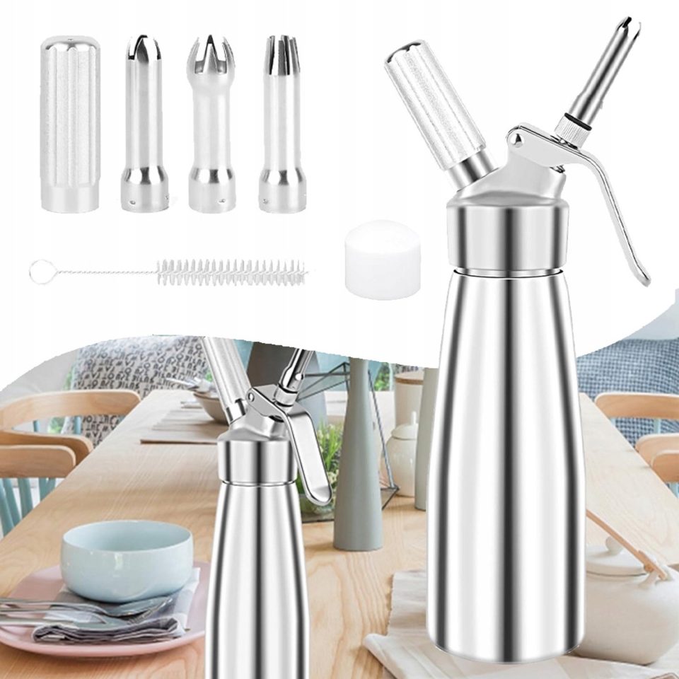 Jimuyu Slagroomdispenser Met 3 RVS Spuitmondjes En Reinigingsborsteltje Zilver 500 ml