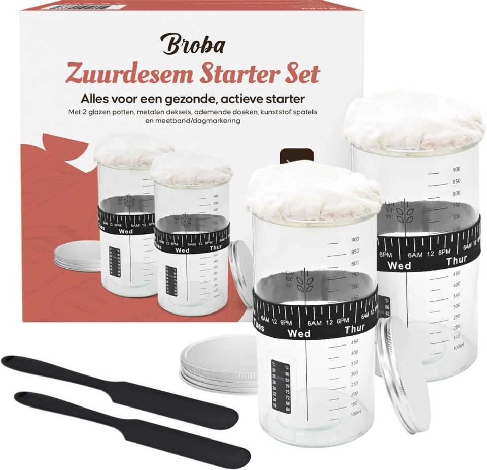Broba Zuurdesem Starter Set voor zelf Zuurdesem Starter Maken Fermentatiepot Zuurdesem Brood Maken Zuurdesem Pot 2-Pack