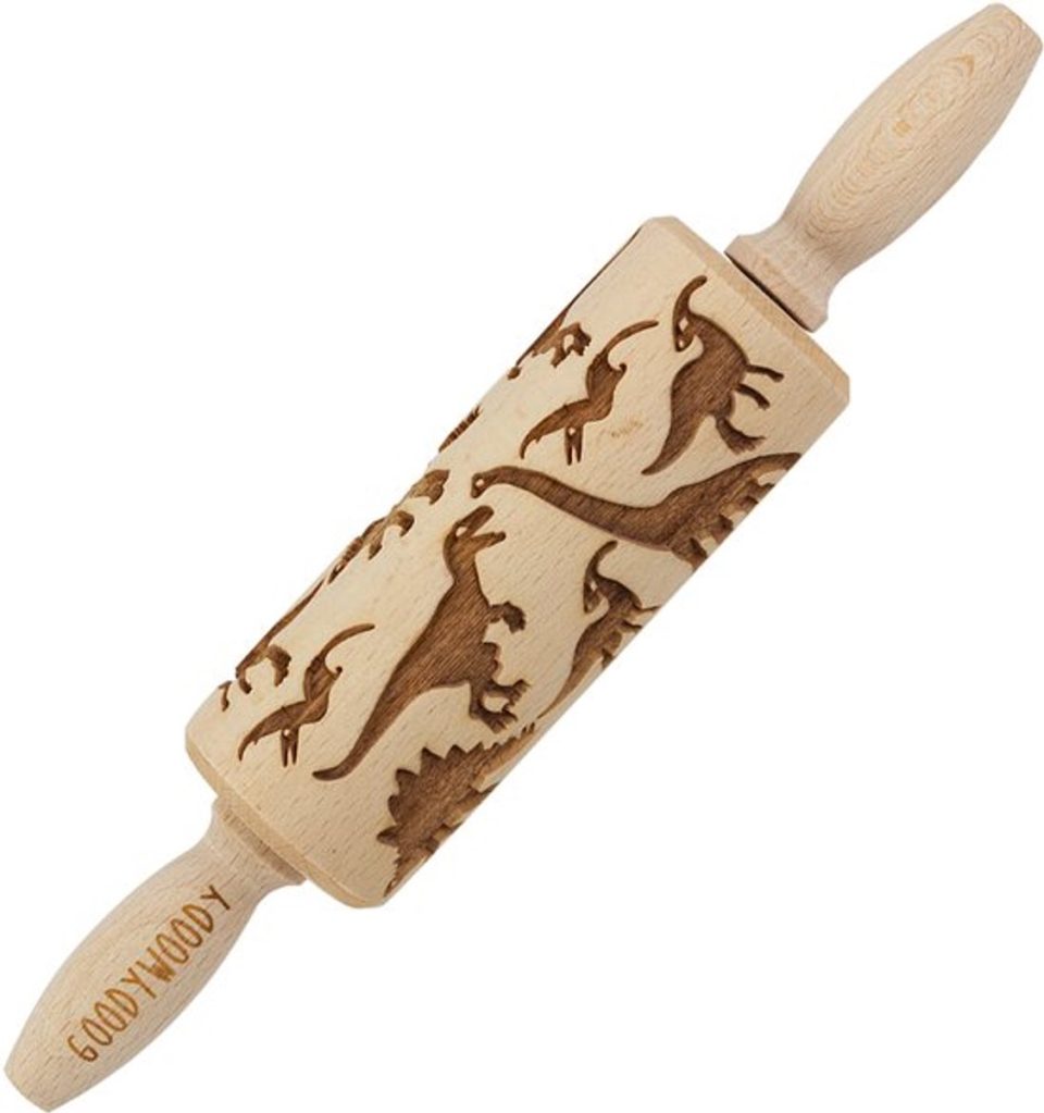Goody Woody deegroller gegraveerde taartroller,, beukenhout, dinosaurus ontwerp 23,5 cm