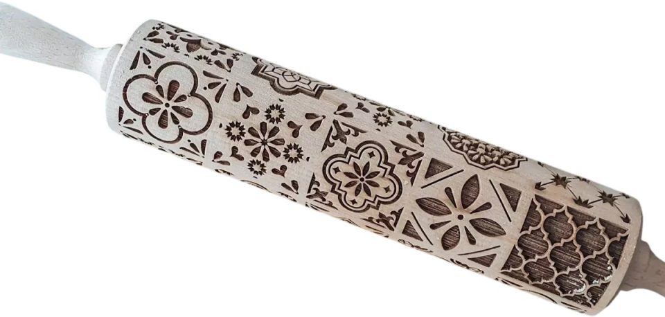 rimmo deegroller Houten Embossing Rock, Sneeuwvlok & Rendier Patronen voor Koekjes, Fondant en Taart, Bakvorm Keuken Gadget 35x5cm