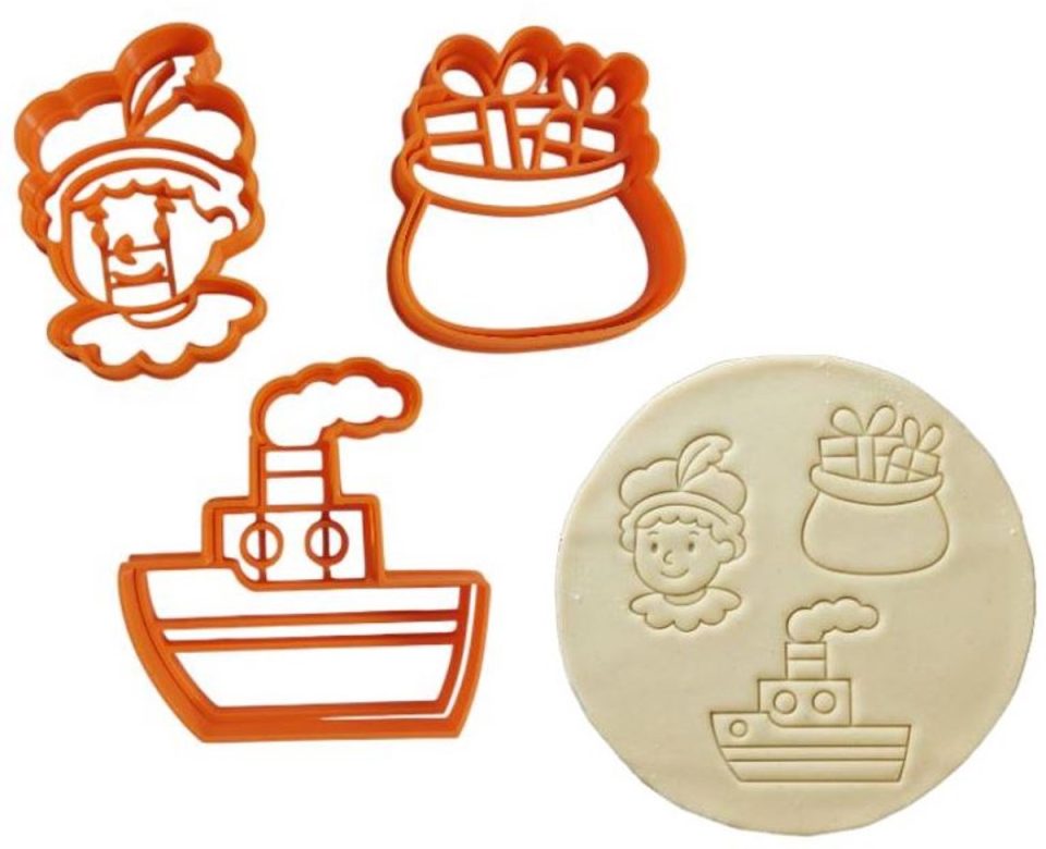 Cookie Cutters uitsteekvormpjes Sinterklaas Koekjes Uitstekers Uitsteekvormen met stempel Piet, zak van Sinterklaas en stoomboot set