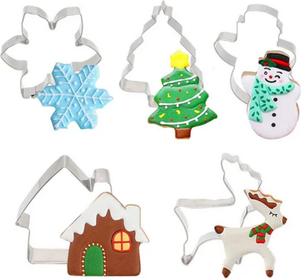 Cookie Cutters uitsteekvormpjes Kerst set Sneeuwpop, Kerstboom, Rendier, Huisje & Kerstster 5 RVS voor Kerstkoekjes bakken