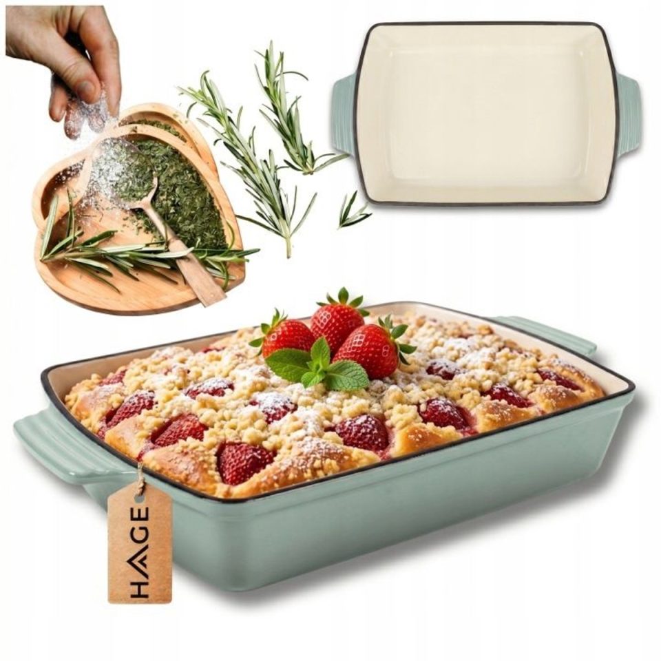 Hage bakvorm Ovenschaal Gietijzeren Ovenschaal Emaille Braadslede met Handgrepen Geschikt voor Inductie, Oven & Alle Warmtebronnen 32 x Pastel Teal 3,5 l 23,5 cm