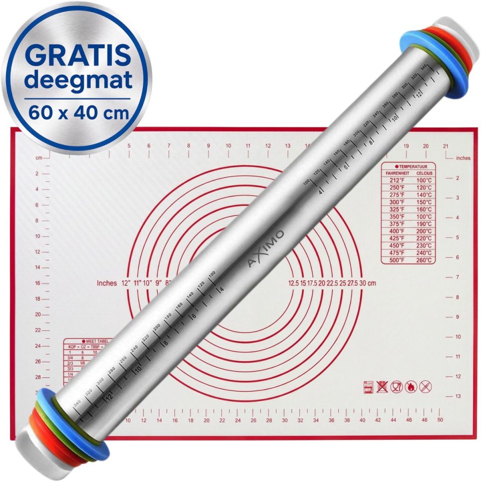 Aximo deegroller RVS verstelbaar met XL deegmat 60 x 40 cm