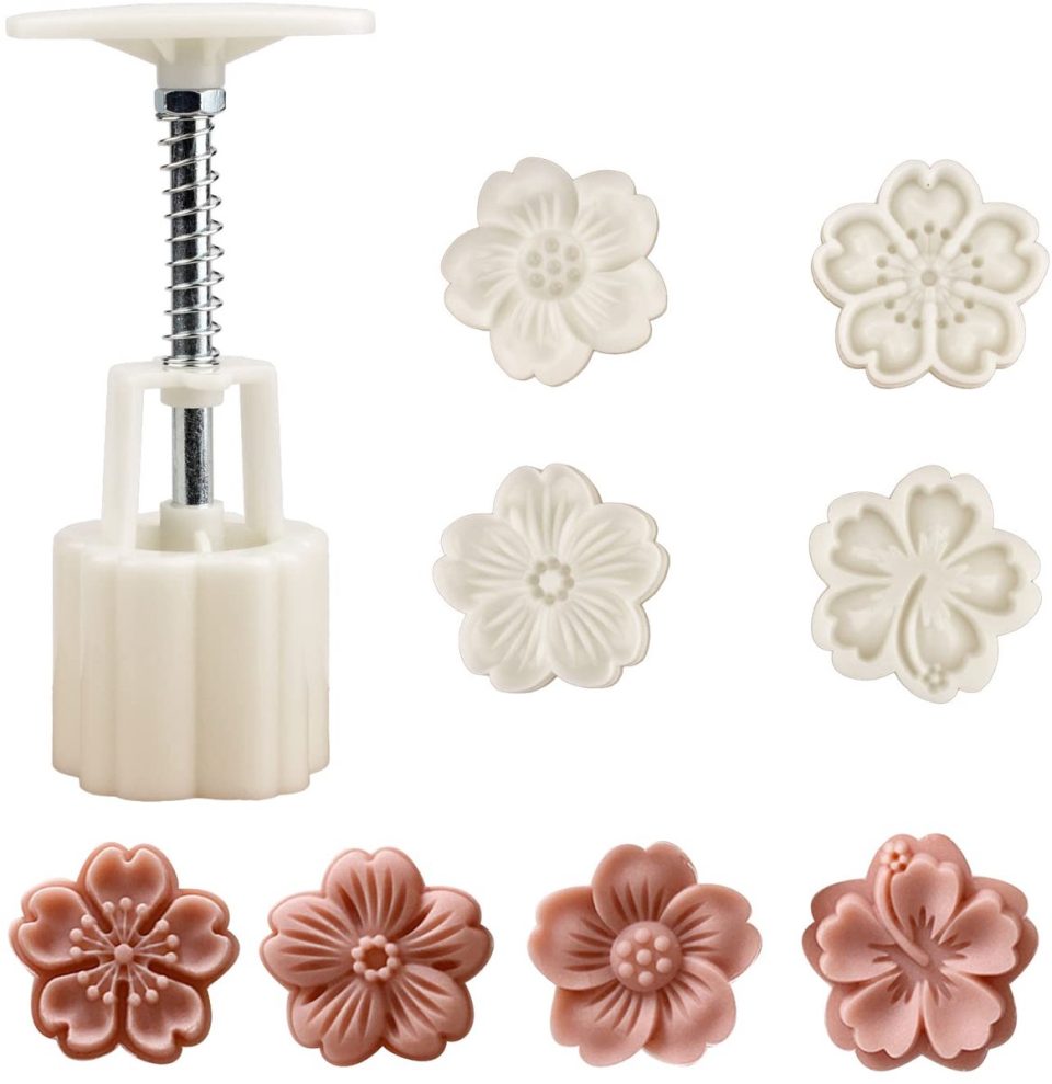 Muozlop Chinese set mallen voor maancakes, maancakevorm met 4 koekjesvormpjes met verstelbare vormpjes, DIY maancakevormpjes (H)