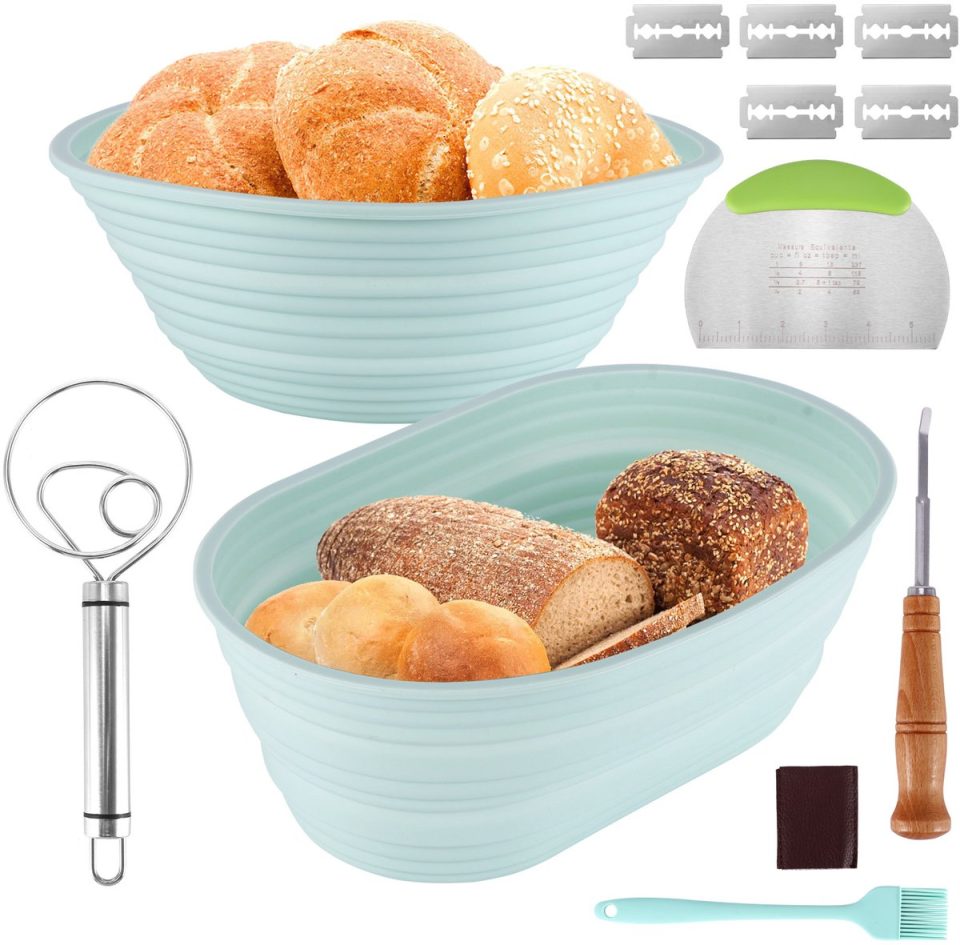 Lemlit rijsmand Siliconen Set Rond en Ovaal Zuurdesem Broodbakset met Deegschraper Bakkersmes en Kwast Mintgroen 23,5 cm 25,5 cm