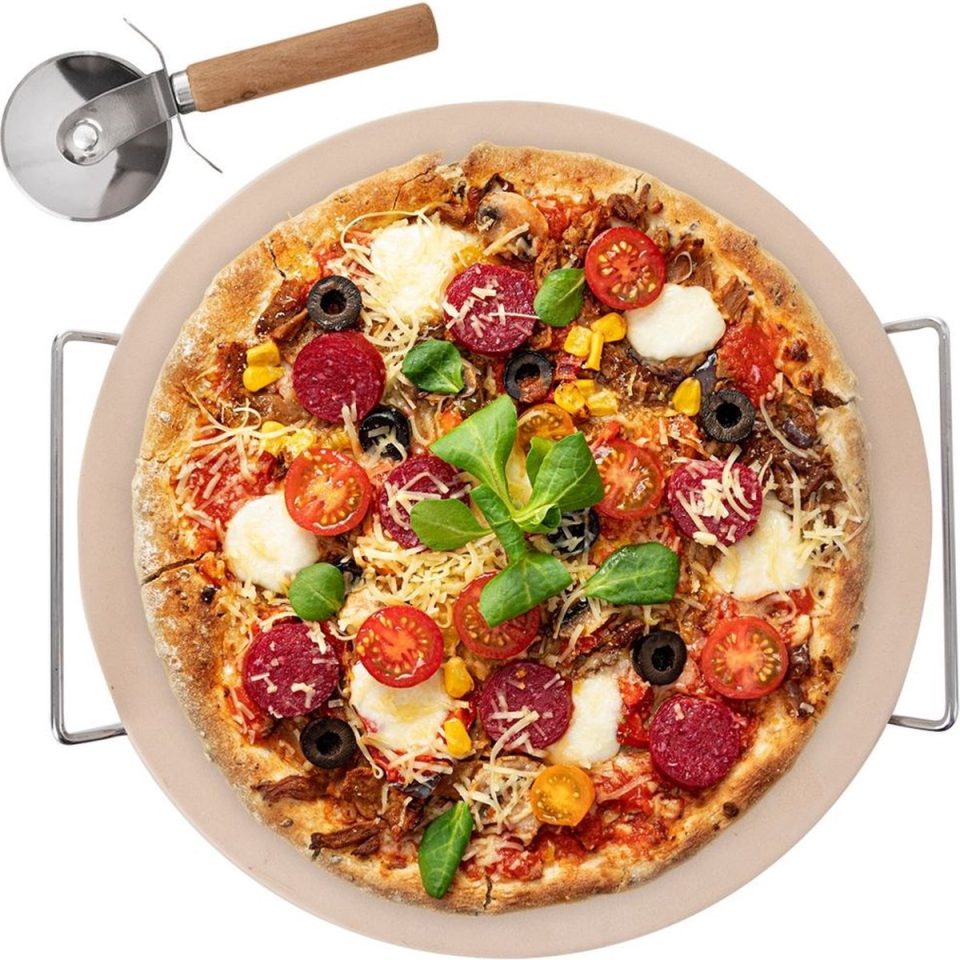 orion group Pizzasteen Chamotte met Houder en Pizzasnijder 3 delig