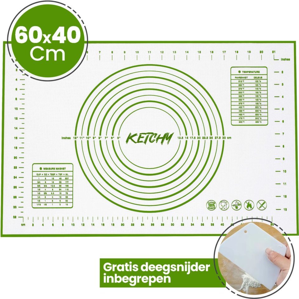 Ketchy bakmat Siliconen Deegmat 60x40 cm met Maataanduiding & Antislip Voor Deeg, Pizza, Brood & Gebak & Herbruikbaar