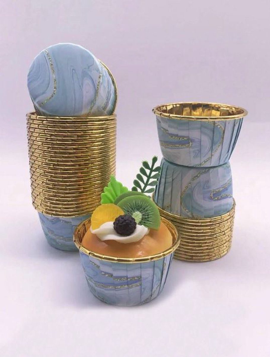 Jealie Muffin Cupcake Bakvormen Luxe Papieren Bak Vormpjes Blauw / Goud / Marmer (30 stuks)