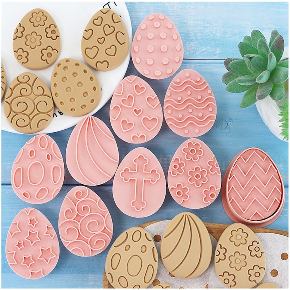 Wonders at Home Official Uitsteekvormen en Stempels Paaseitjes Set van 8 8 Uitsteekvormen + 8 Stempels Koekjes Vormen Cookie Cutter Cookie Mould Kinderen Bakken Cadeau Pasen Happy Easter Paasei Vrolijk Pasen