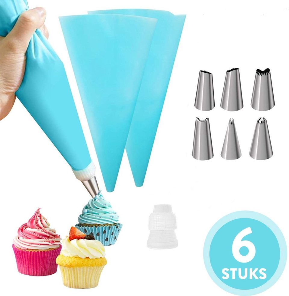 Gotrays spuitmondjes Set van 6 met siliconen spuitzak, spuitzak met spuitmondjes, spuitmondjes van roestvrij staal, taartdecoratieset,blauw