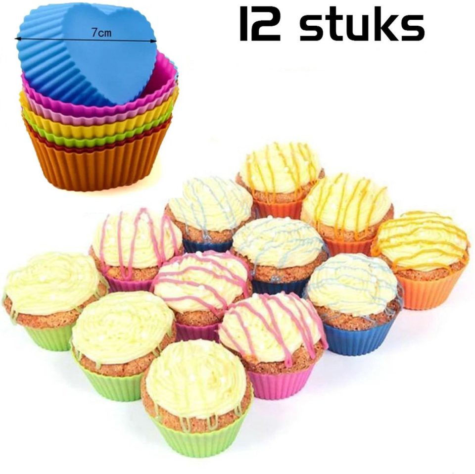DW4Trading Siliconen Cup Cake Vormpjes Hart Set van 12 Ø7 cm