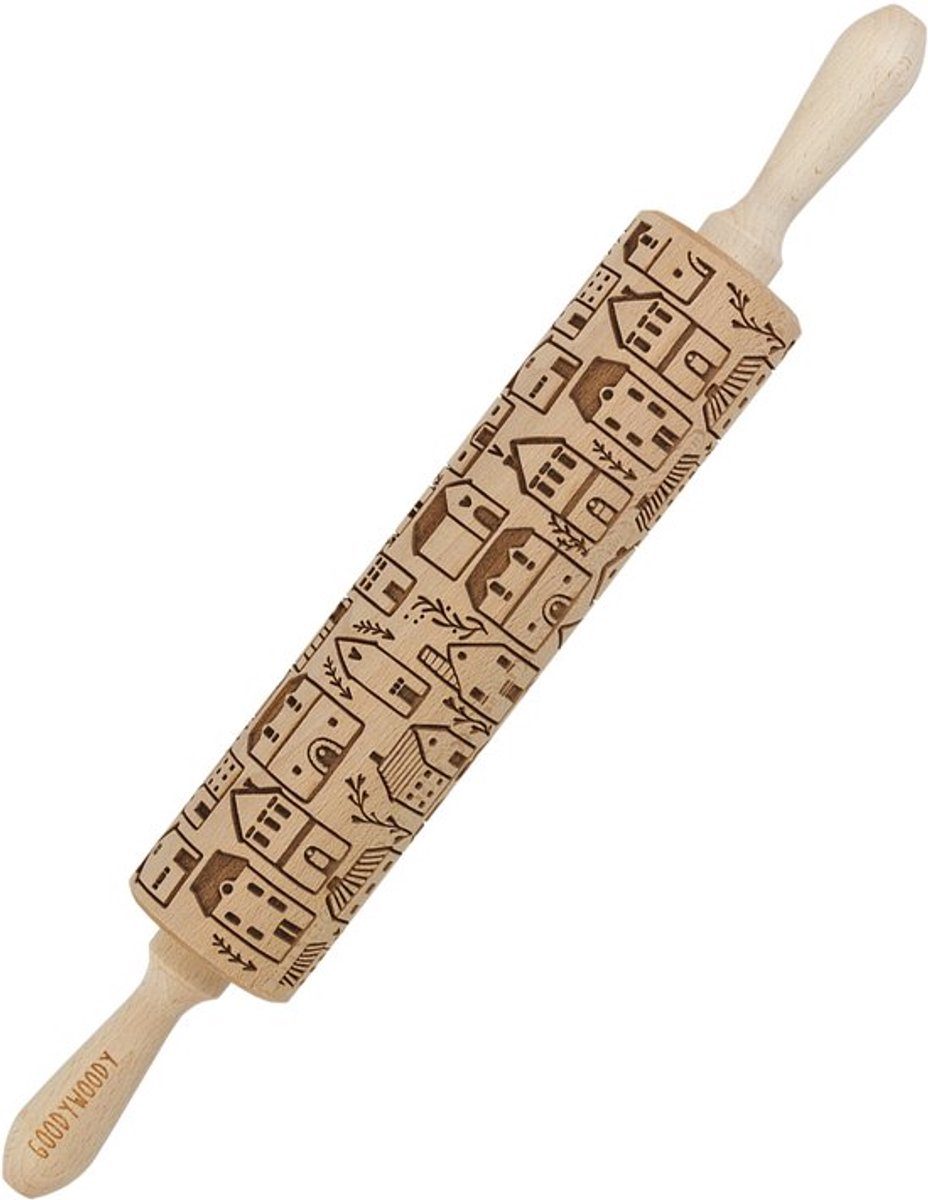 Goody Woody deegroller Gegraveerde, beukenhout, Scandinavische stad 46 cm