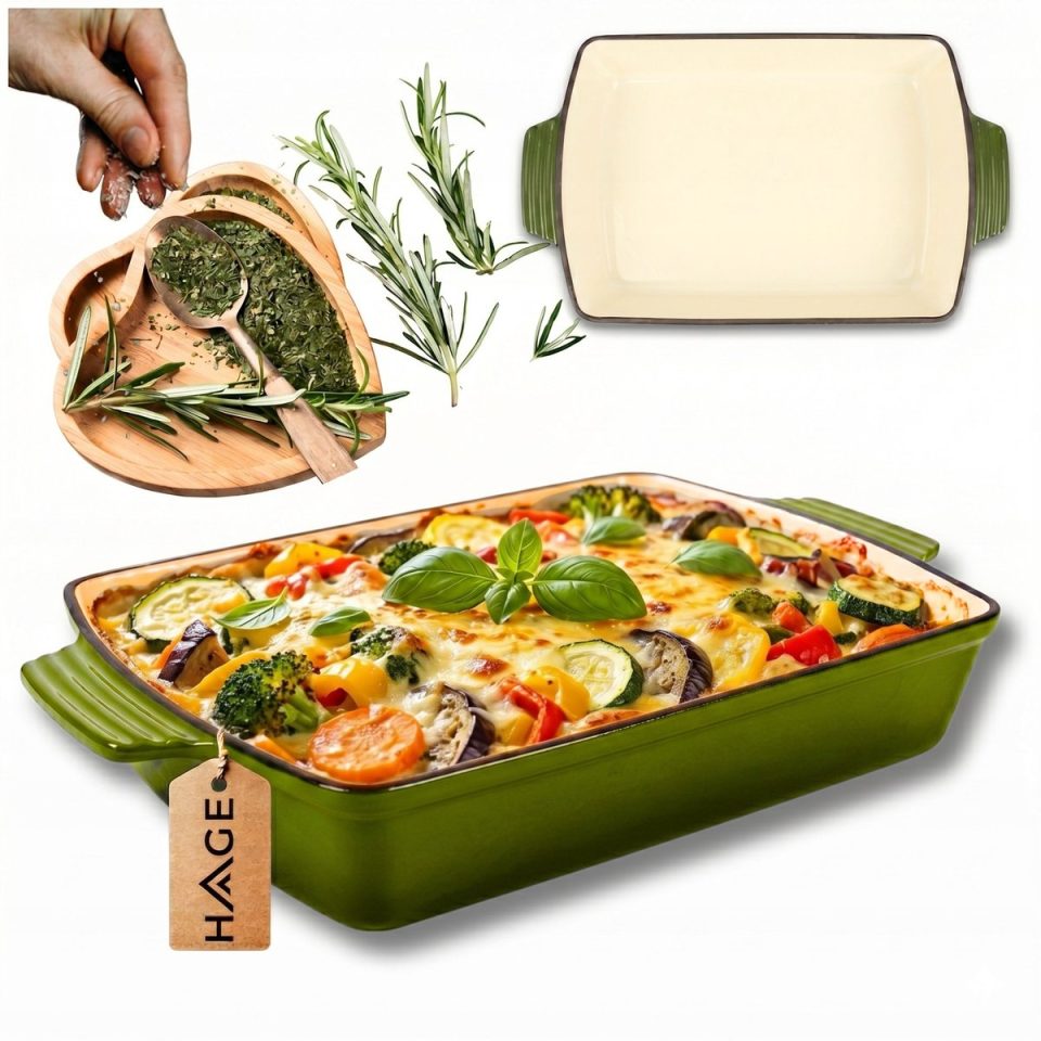 Hage bakvorm Ovenschaal Gietijzeren Ovenschaal Emaille Braadslede met Handgrepen Geschikt voor Inductie, Oven & Alle Warmtebronnen 32 x Olijfgroen 3,5 l 23,5 cm