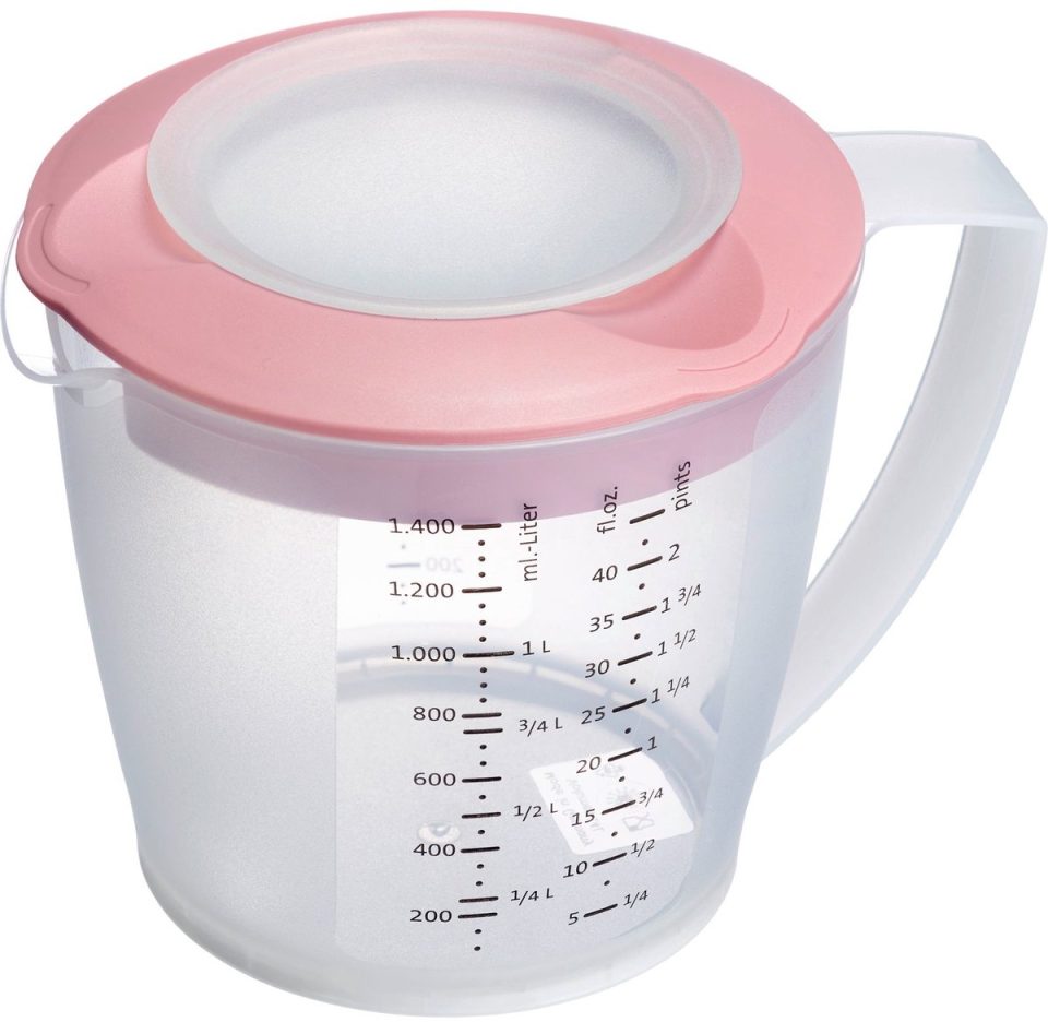 Westmark beslagkom /maatbeker met spatbescherming deksel en tuit roze 1,4 l