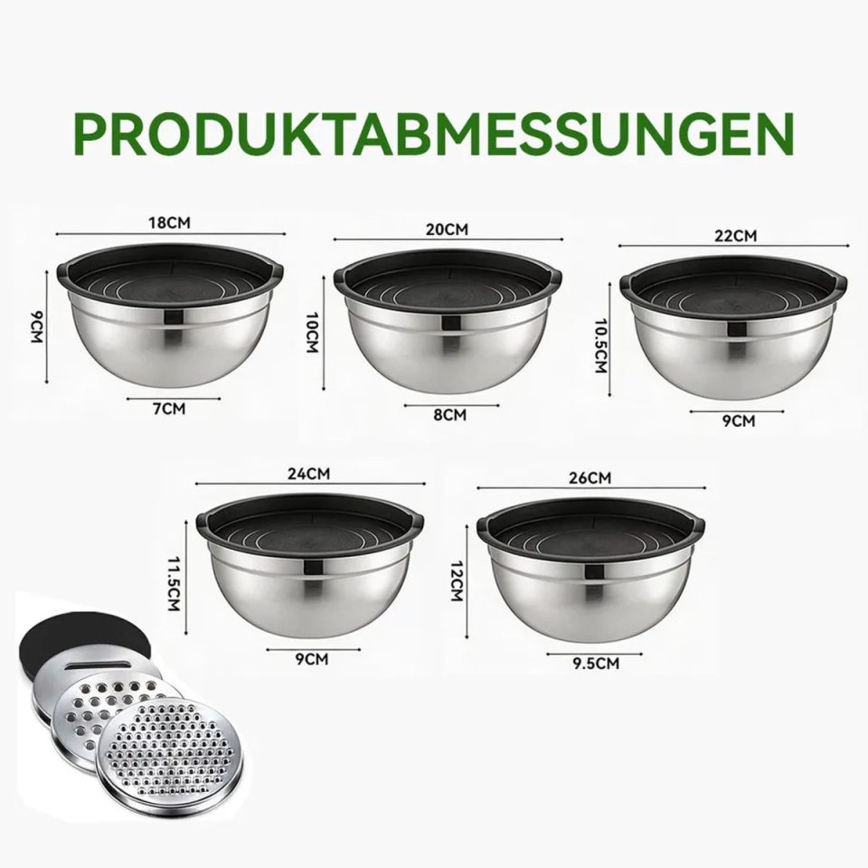 Veelkleurig Deze vijfdelige roestvrijstalen mengkommenset