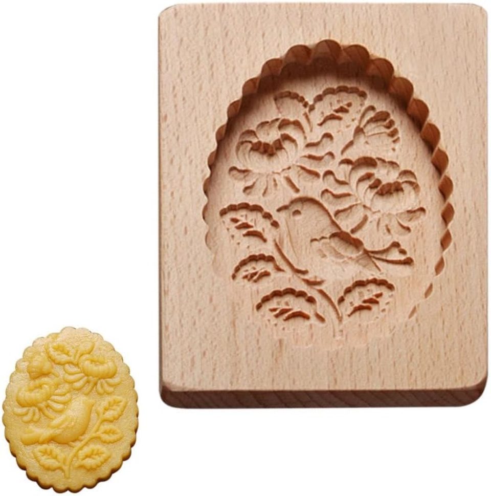 VHV bakvorm Koekjesstempel Koekjesvorm Houten Biscuit vorm Gegraveerd Hout Makkelijk uitneembaar Voor bakken en keuken Bloemen- en vogelpatroon Houtkleur