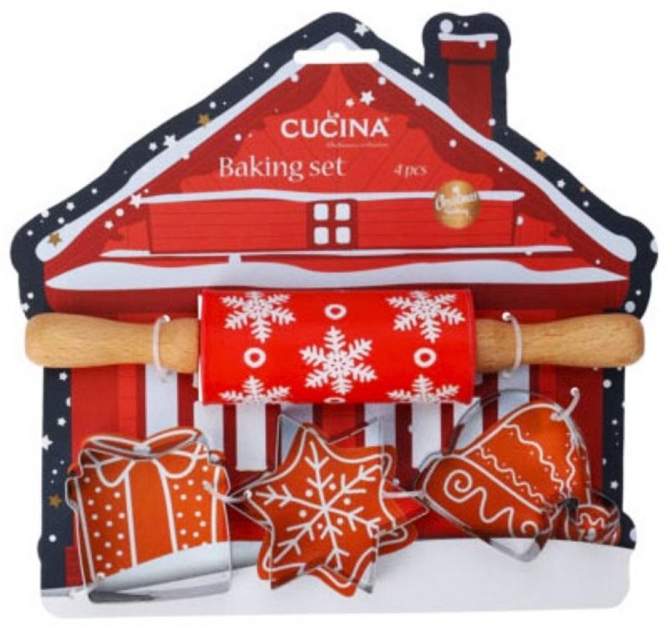 cucina deegroller Kerst 4-delige bakset voor kinderen in cadeauverpakking, met en bakvormen: ster, kerstklok, cadeautjes/ pakje met strik rood (cadeau idee voor de feestdagen / Kerstmis)