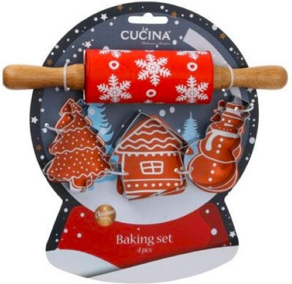 cucina deegroller Kerst 4-delige bakset voor kinderen in cadeauverpakking, met en bakvormen: kerstboom / den, sneeuwpop, Kerst huisje rood (cadeau idee voor de feestdagen / Kerstmis)