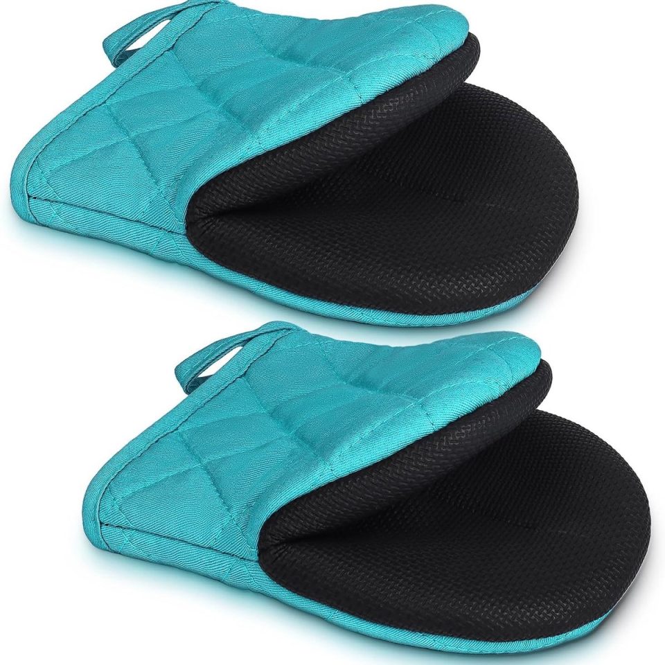 oneay 1 paar hittebestendige keukenhandschoenen, mini hittebestendige keukenhandschoenen, hittebestendig tot 260 °C, antislipoppervlak, met ophanglus, geschikt voor bakken, grillen en gebruik in de magnetron, machinewasbaar (blauw).
