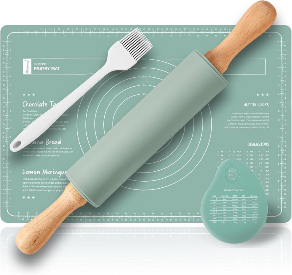 Famanu Bakset met houten deegroller en siliconen bakmat 4-delig Groen