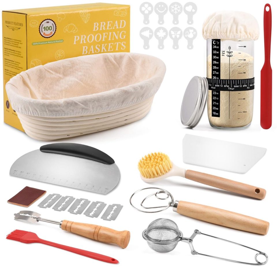 Famanu Ovaal rijsmandje van met complete zuurdesemstarterkit 11-delige 25 cm