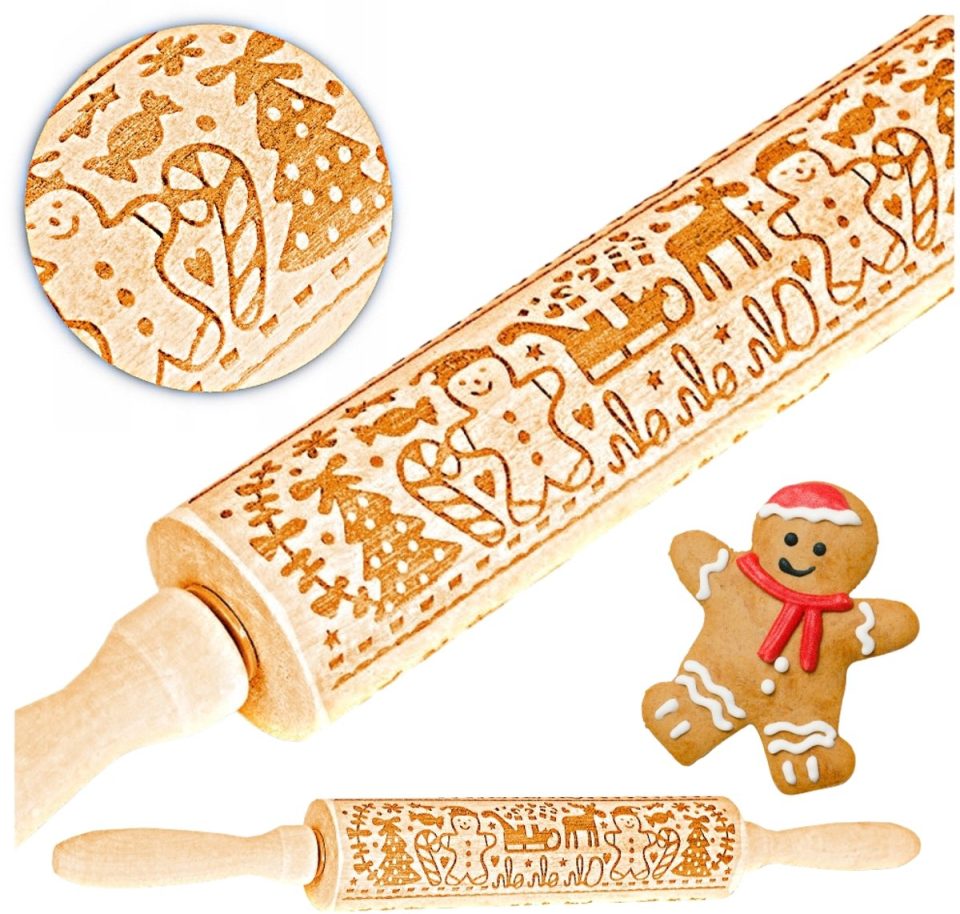 Zolta deegroller met Gravure Houten Kerstmotief 35,5 cm