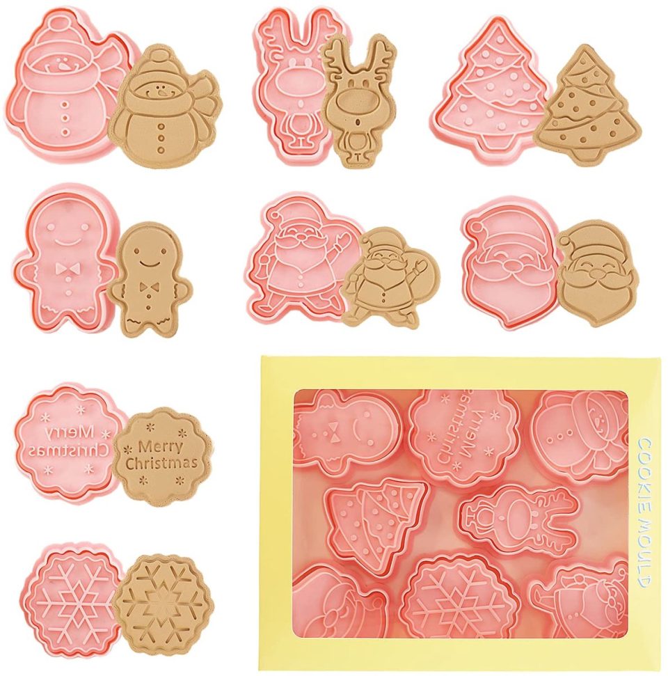 Enyacos Kerstkoekjesvormpjes plastic stempel koekjesvormpjes vormen (8 stuks)