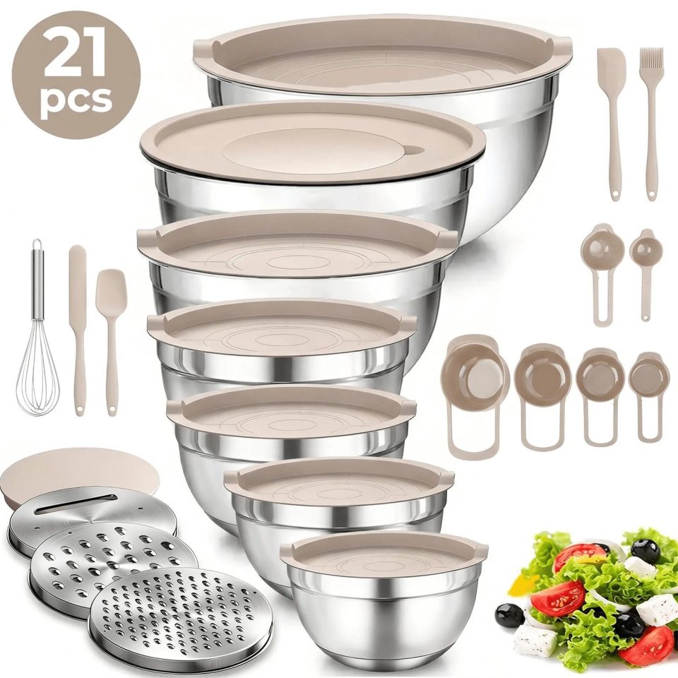Veya Mengkom Mengkommen set Met deksel 21 delig Beige