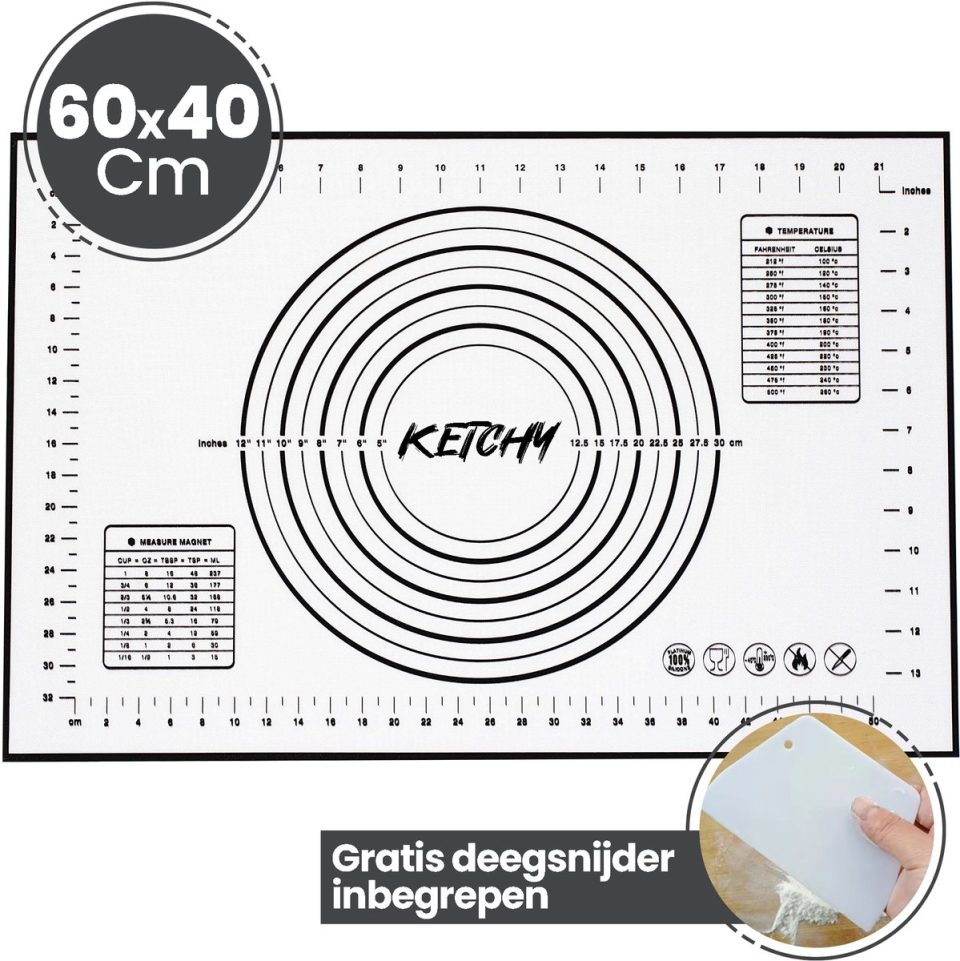 Ketchy bakmat Siliconen Deegmat 60x40 cm met Maataanduiding & Antislip Voor Deeg, Pizza, Brood & Gebak & Herbruikbaar