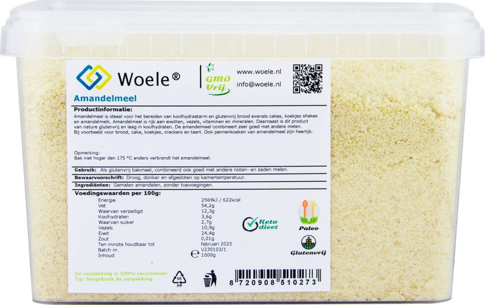 Woele amandelmeel () koolhydraatarm glutenvrij GMO vrij 1 kg 1000 g