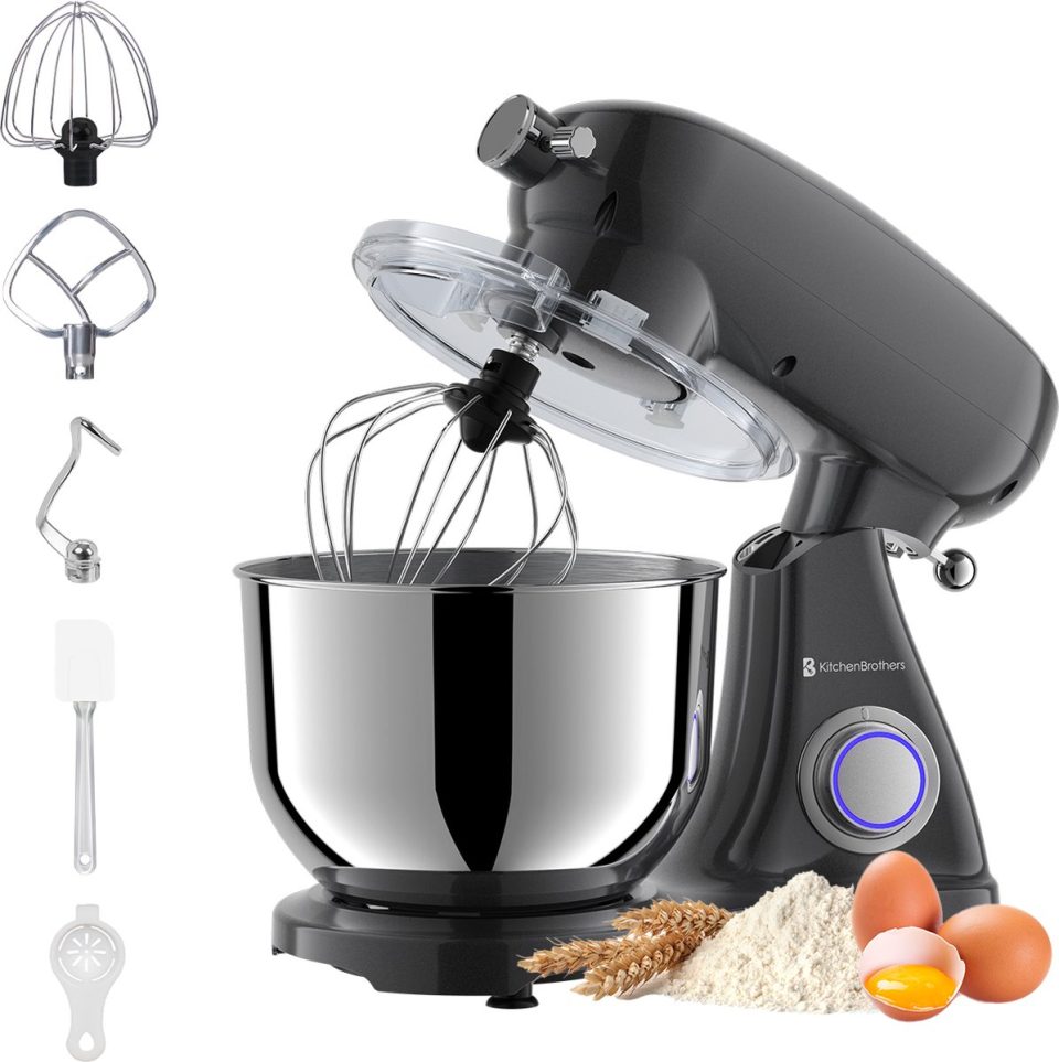 KitchenBrothers keukenmachine Keukenrobot Mengkom 1800W Keukenmixer Aluminium Antraciet 6,2 l