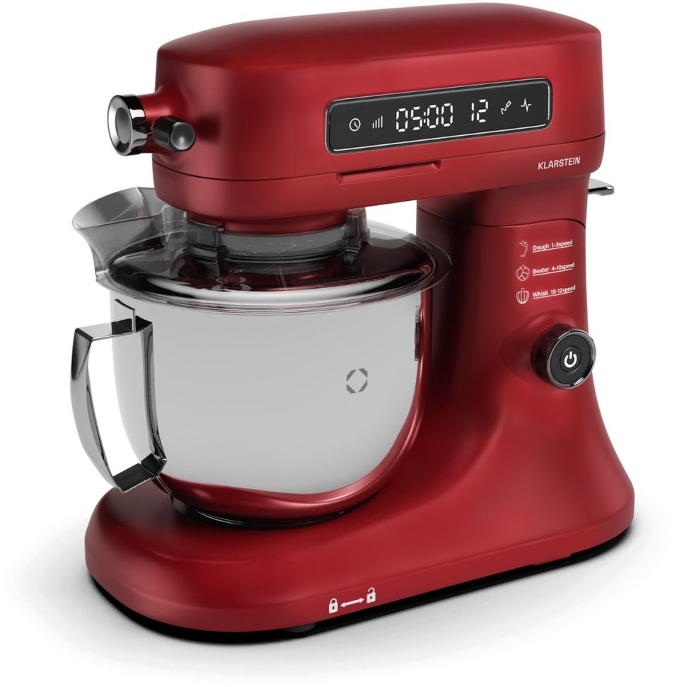 Klarstein keukenmachine Chiara 1600W rvs-kom, 12 Geschwindigkeiten, LCD Touch Display, ≤72 dB, Patisserie Set, Aluminium gegoten behuizing, rood Keukenmachine 12 Snelheden voor Keuken LED RVS-Kom Garde 5 l