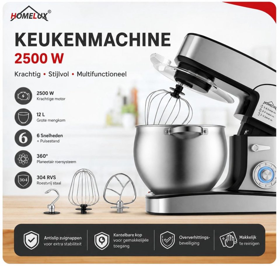 Homelux keukenmachine 2000W 12 l