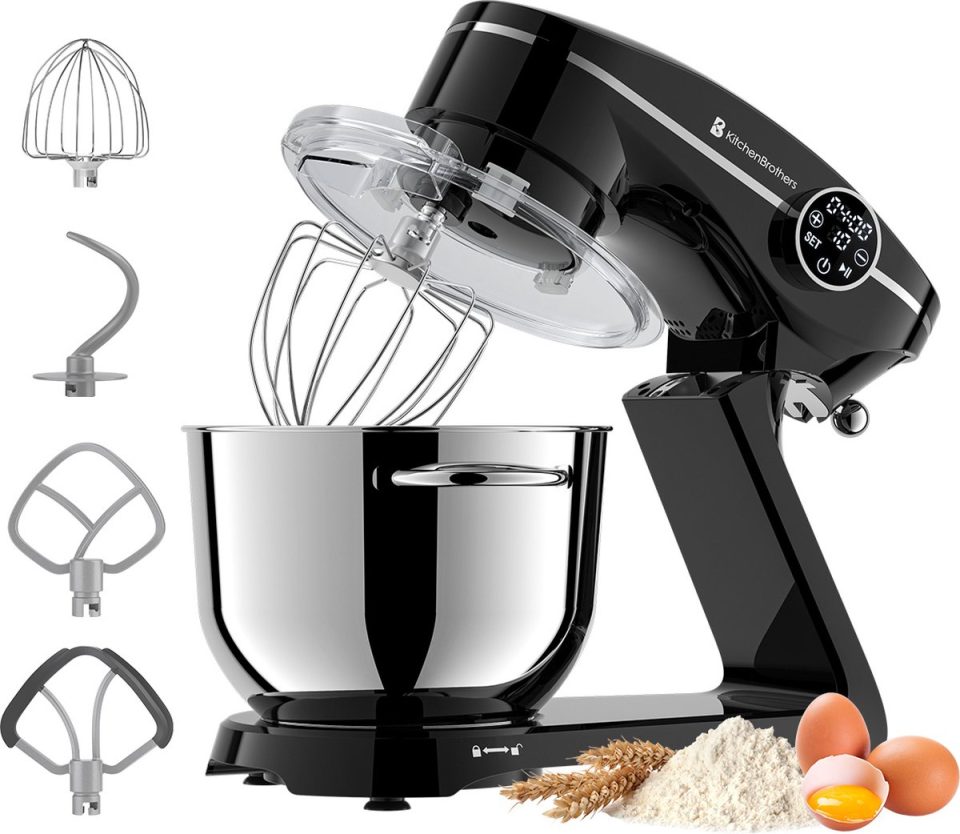 KitchenBrothers keukenmachine Keukenrobot Touch Display en Timer 1800W Keukenmixer Aluminium Zwart 6,2 l
