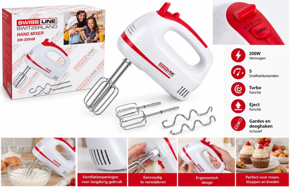 Swiss Line Switserland SwissLine Switzerland Handmixer-200w-5 snelheden +Turbo- met gardes