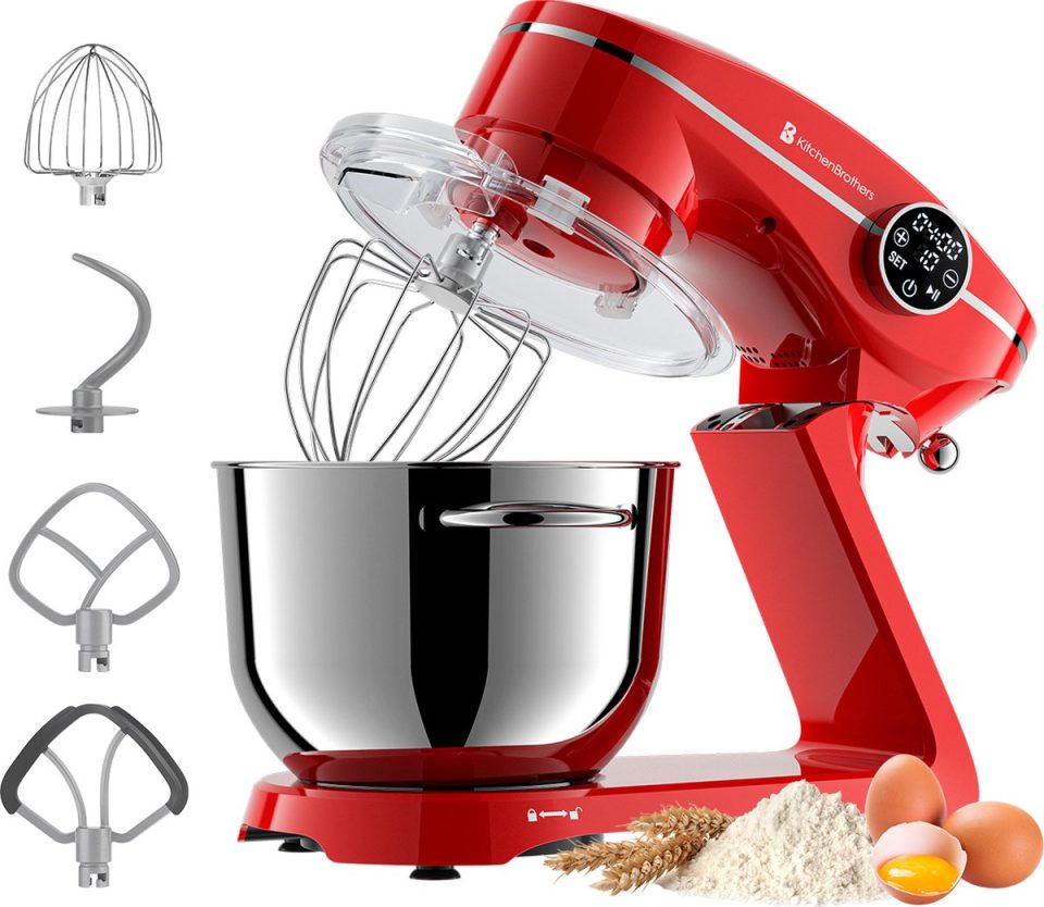 KitchenBrothers keukenmachine Keukenrobot Touch Display en Timer 1800W Keukenmixer Aluminium Rood 6,2 l